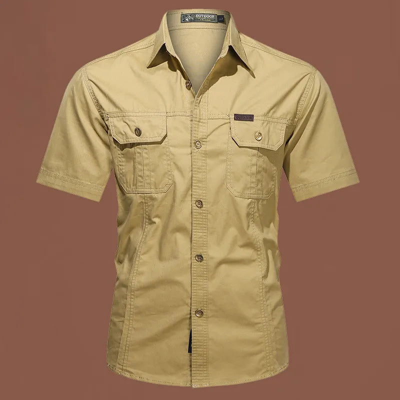 Men's loose-fitting short sleeve cotton work shirt in army green, shown in a cardigan style.
