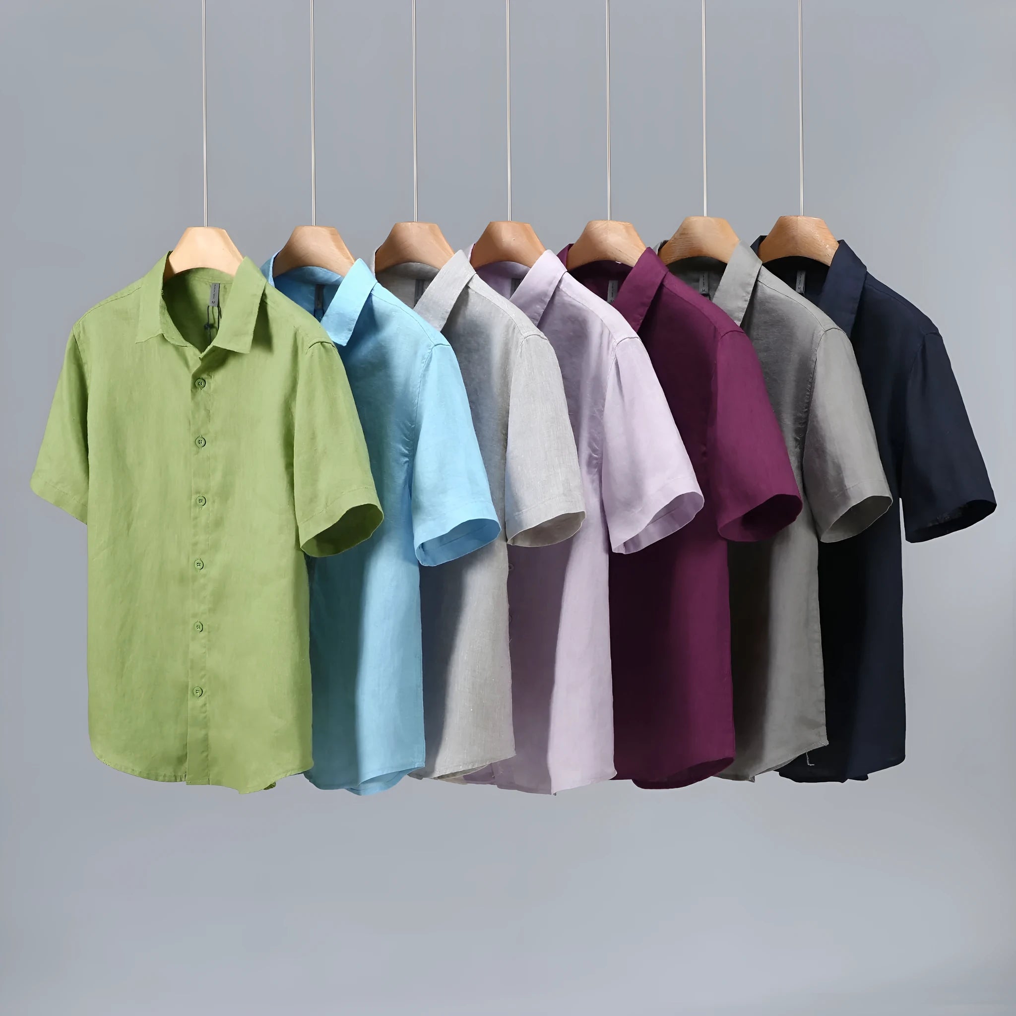 Men's casual short-sleeved linen shirt in cardigan style showing colour options including apricot, dark red and sky blue