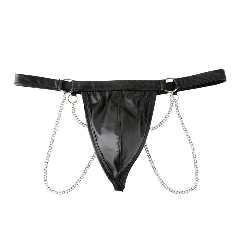 Black men's thong underwear with patent leather finish and chain detail