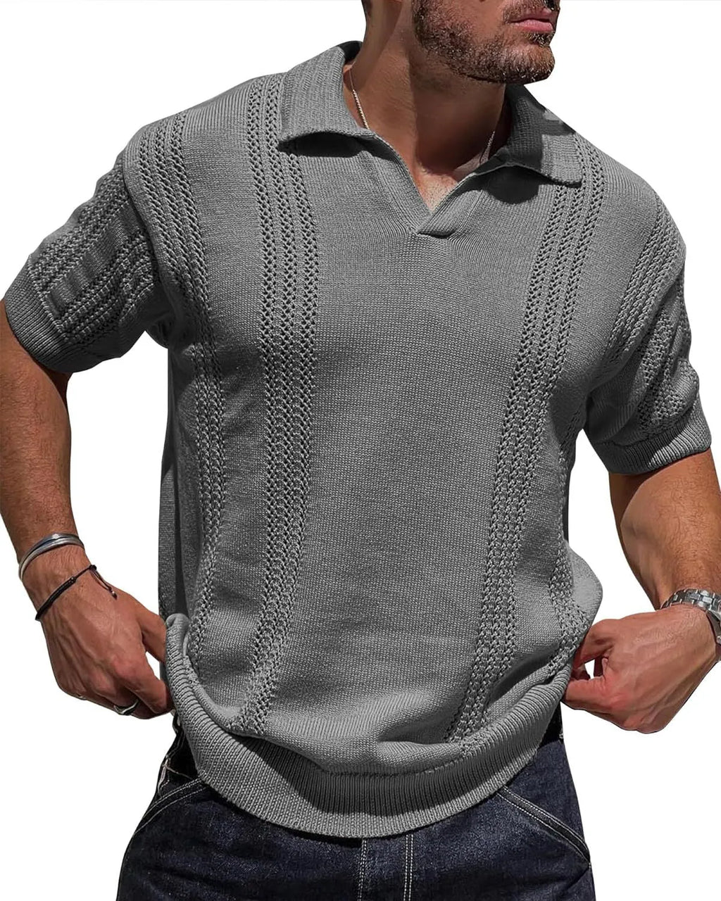 Men's knitted polo shirt short sleeve V-neck hollow in black cotton blend loose fit