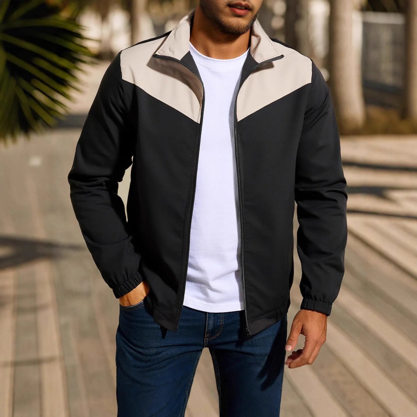 Men's windproof polyester jacket with high collar and colour matching zipper in green, khaki, or red options
