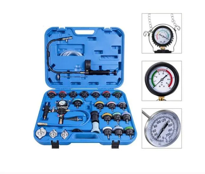 28-piece automotive radiator pressure tester kit with vacuum purge tools in blue plastic storage case