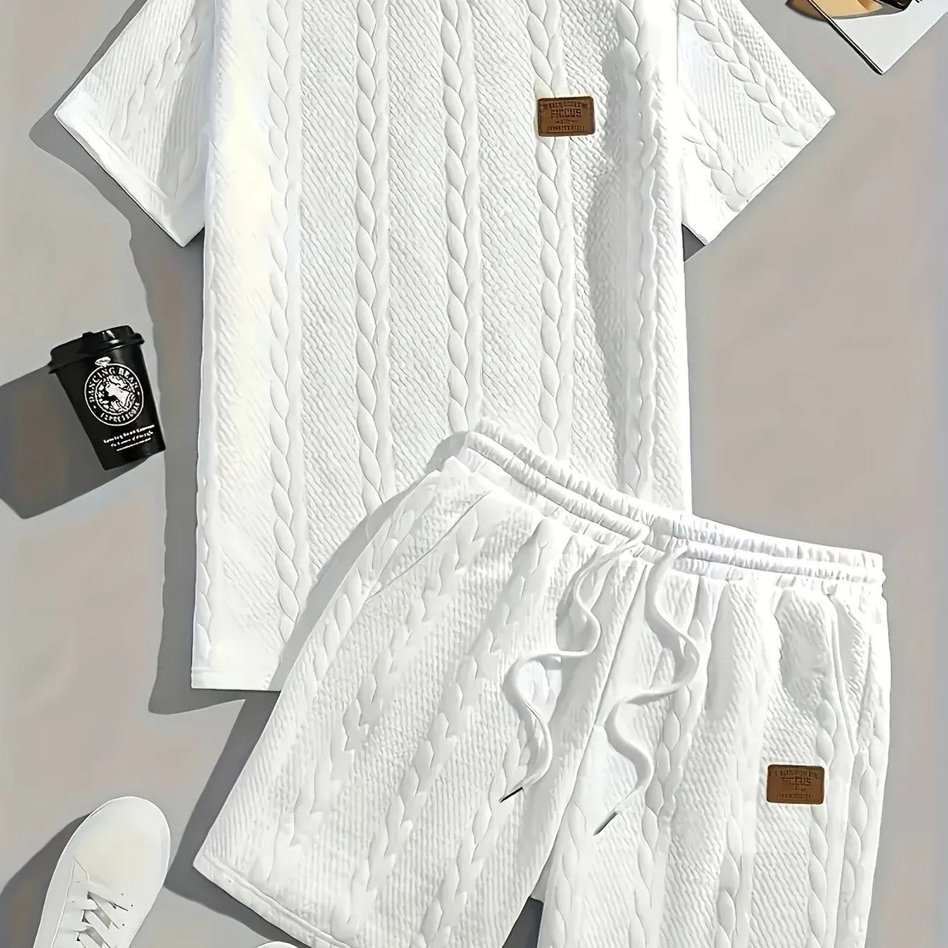 Men's black sports two-piece set with short sleeve rib T-shirt and matching shorts