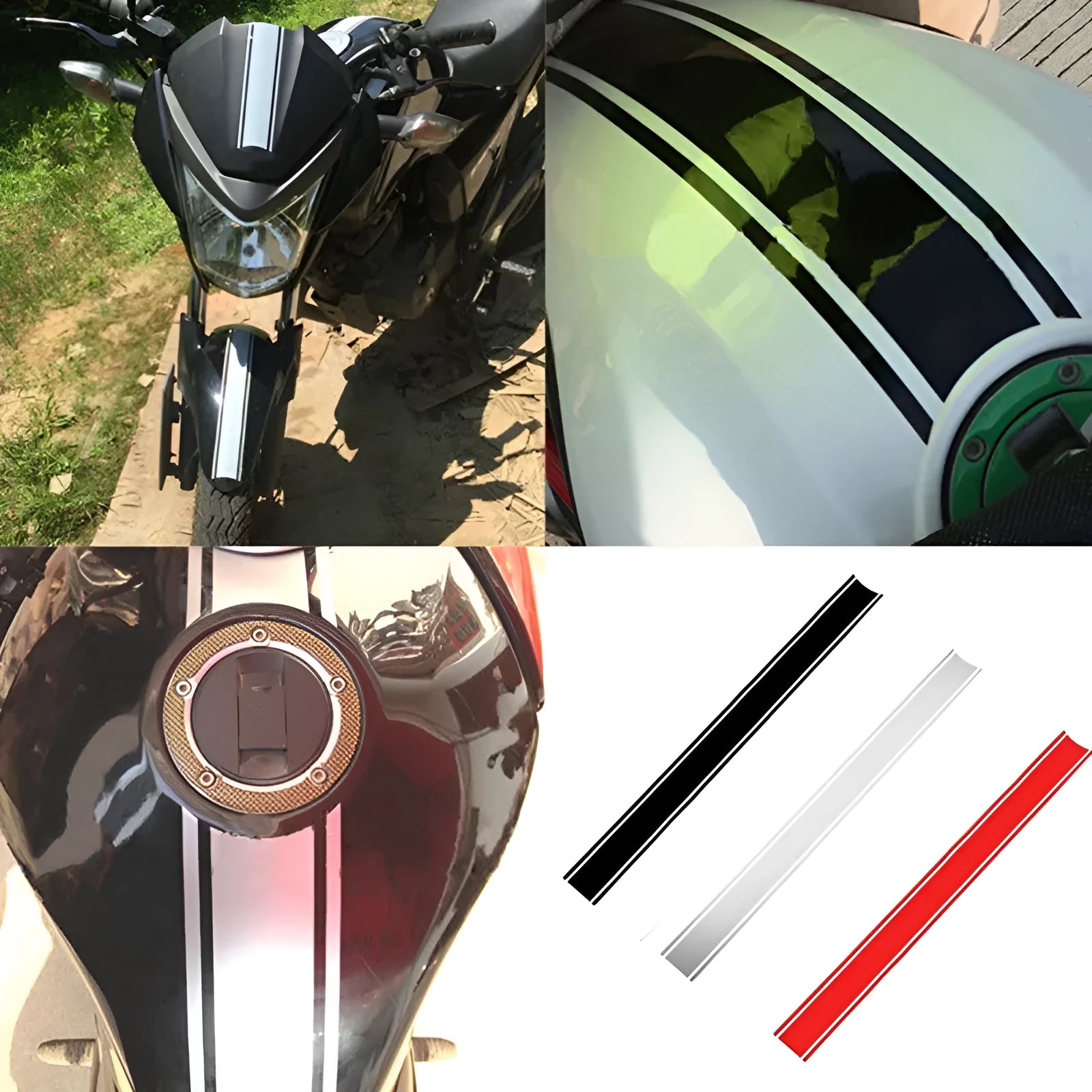 Motorcycle gas tank lid reflective pinstripe sticker in black, red, silver, yellow options