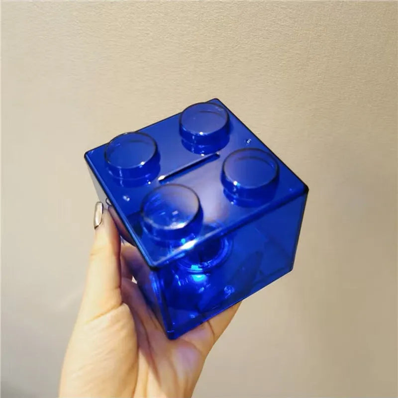 Plastic building blocks piggy bank cube shape 9x9x8.8 cm five colours