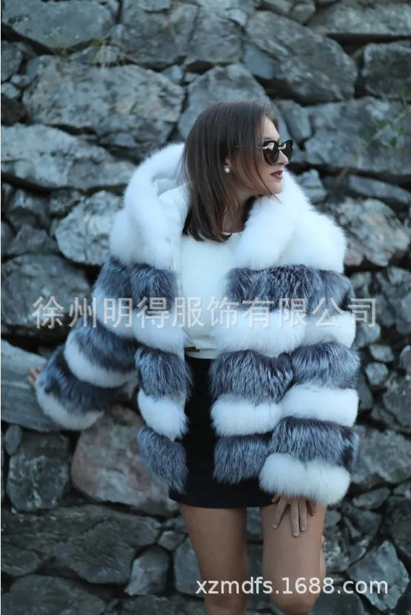 Women's faux fur hooded coat in white silver fox colour, loose fit medium length 65cm, street fashion style