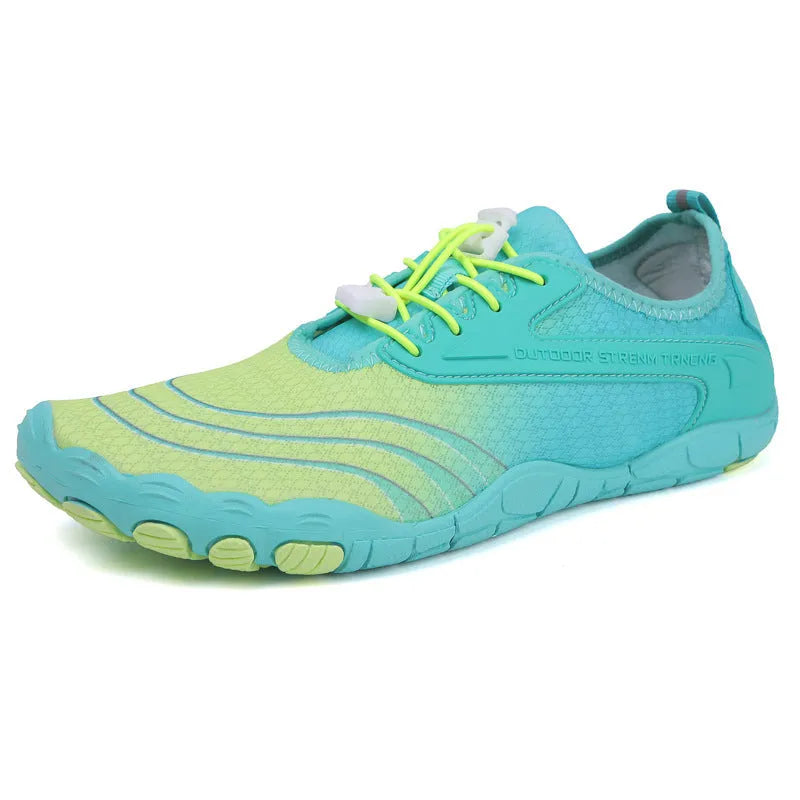 Breathable outdoor dive boots in fluorescent green and black with non-slip rubber sole and front lace-up closure