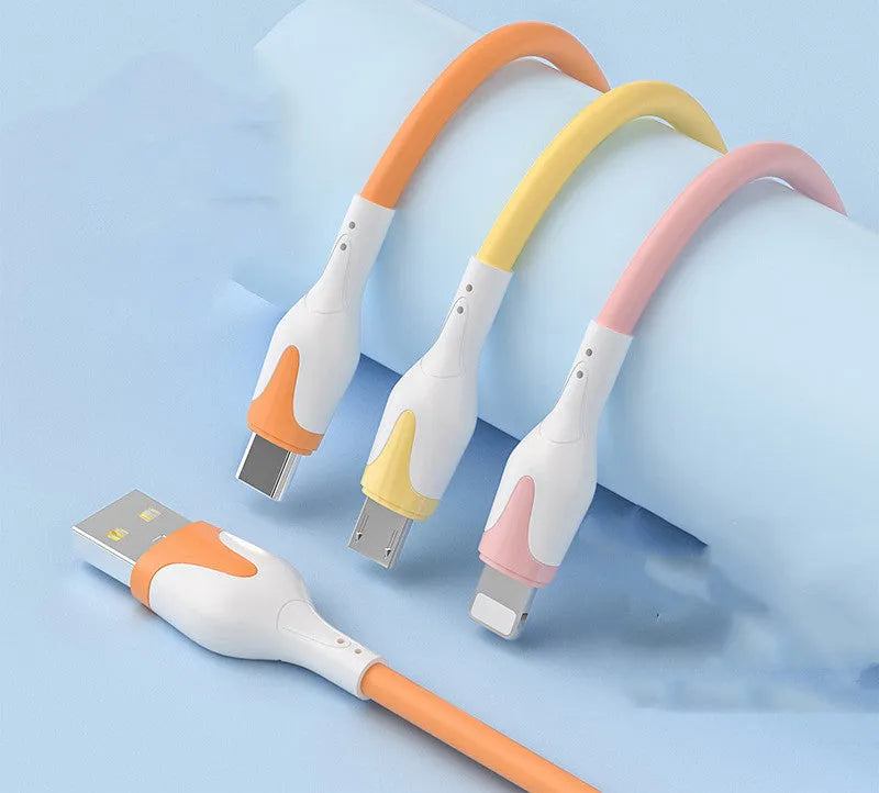 Liquid silicone USB charging cable in bright orange with Micro USB and USB Type-C connectors