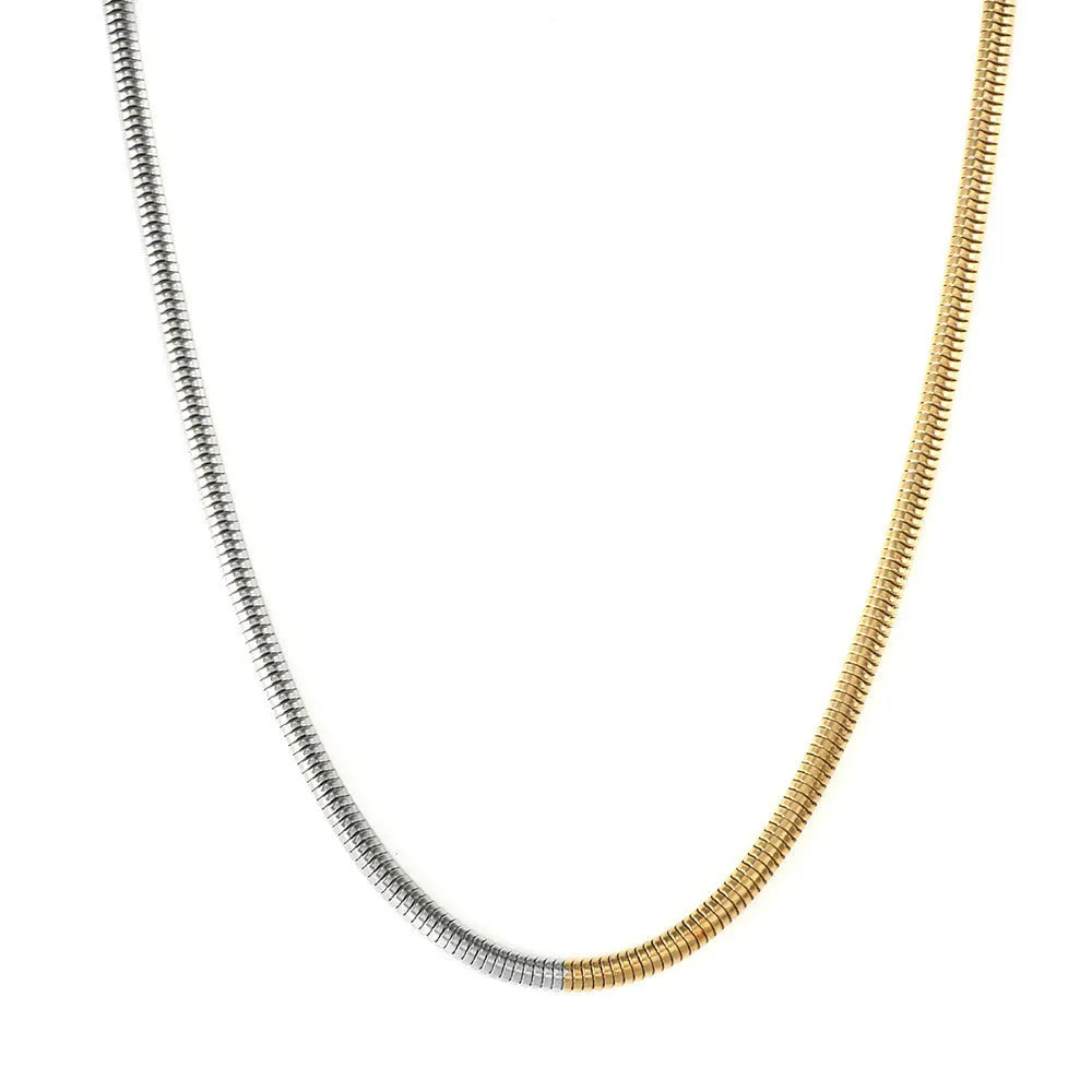 Gold-toned stainless steel snake bone chain necklace for women, 3mm wide.