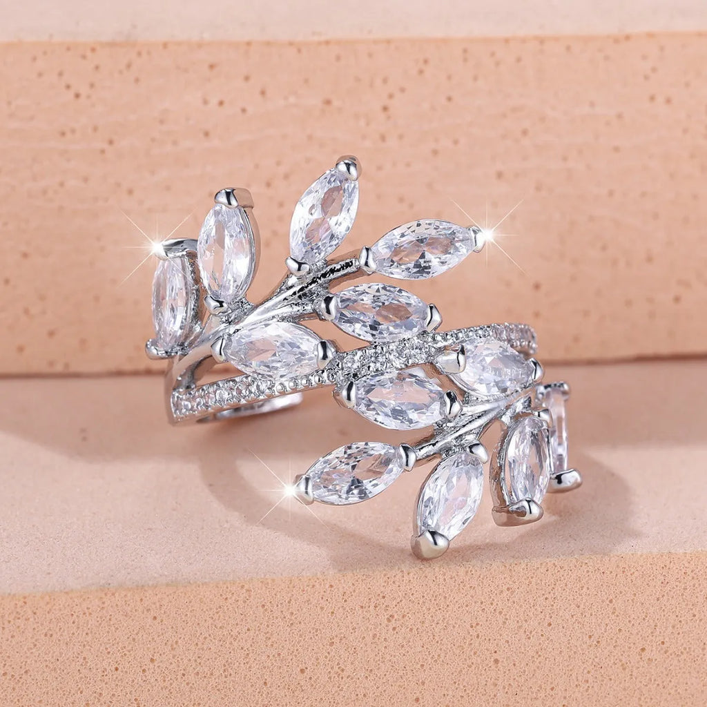 Adjustable horse eye zircon leaf fashion ring in rose gold and platinum plating options