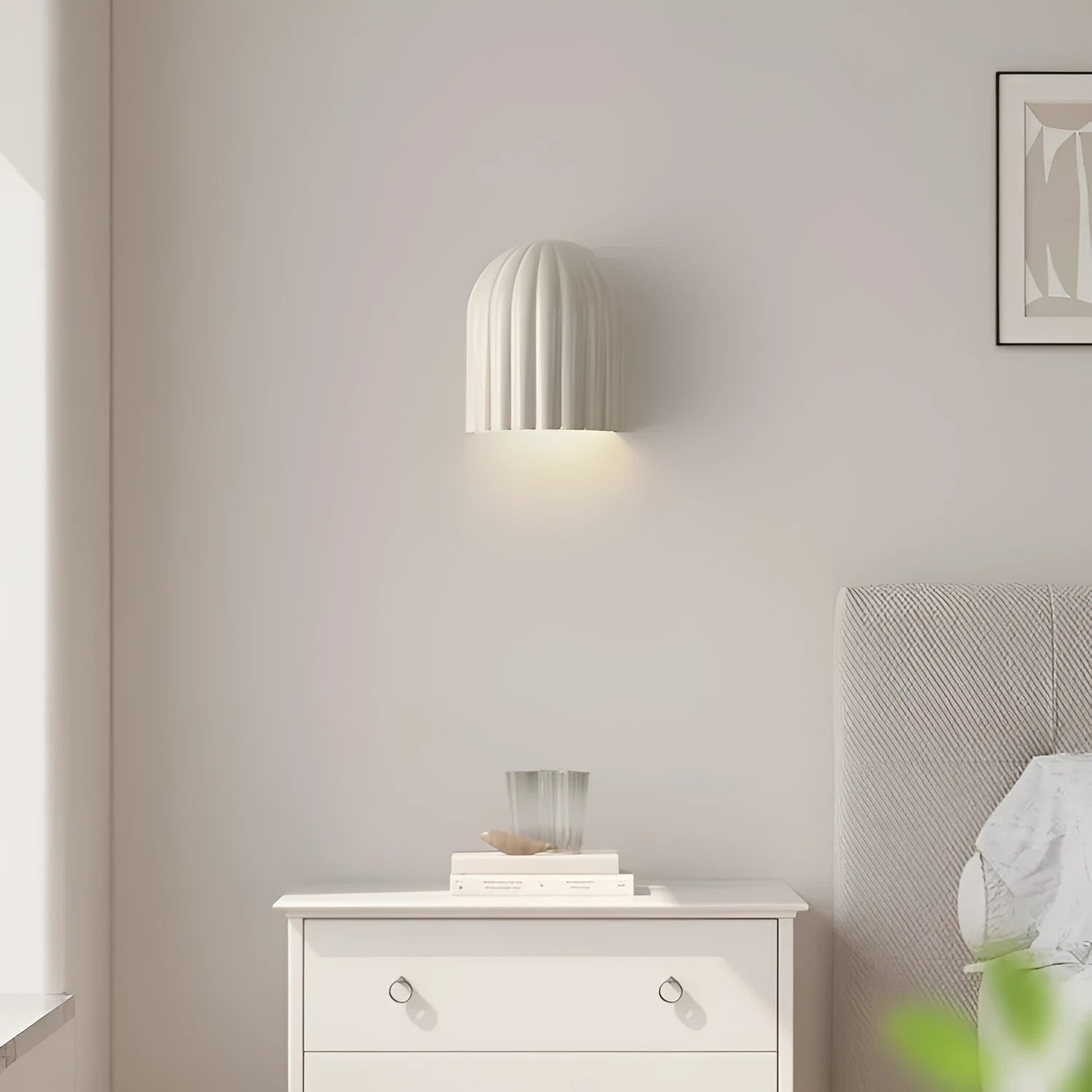 Modern simple decorative wall lamp in beige with full spectrum warm light, metal ironwork and resin construction