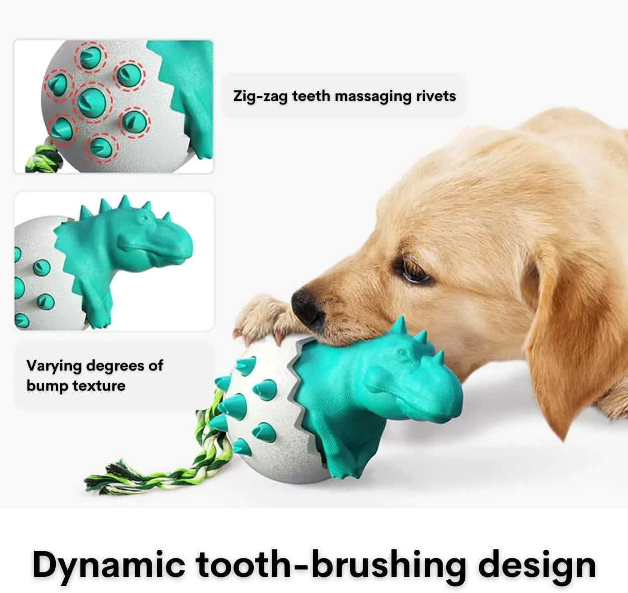 Blue durable rubber dinosaur dog chew toy with integrated rope for aggressive chewers.