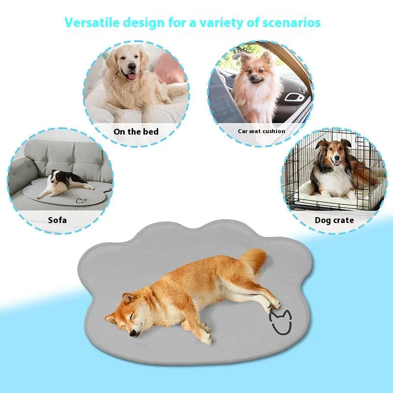 Dog head shaped ice silk cooling mat for pets in grey, green or rice colours on a wooden floor