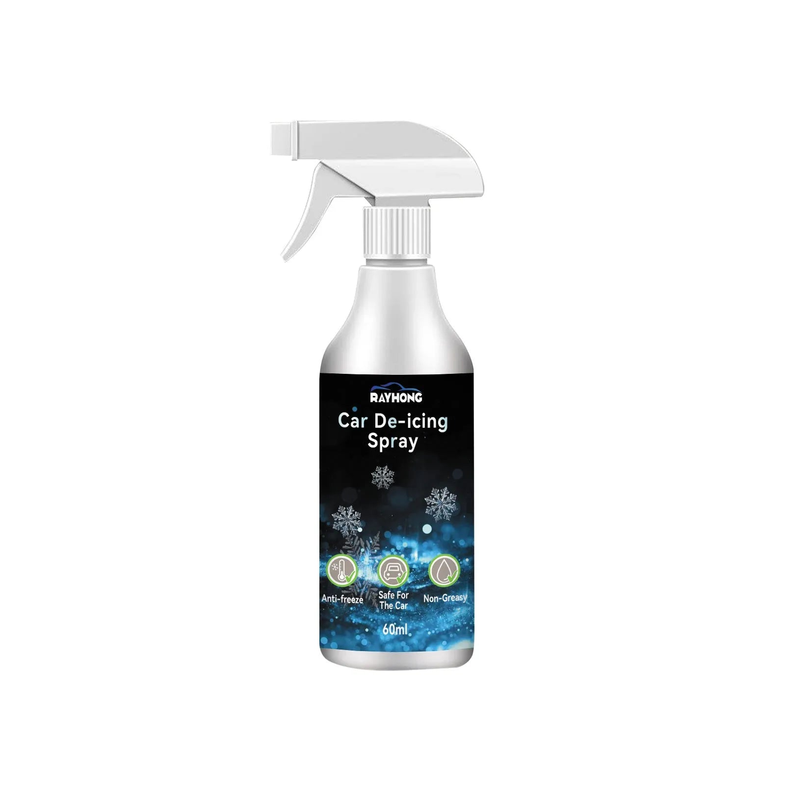 60ml car window de-icing spray bottle with snowflake icon, dimensions 13.8cm by 9.3cm.