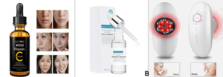 Vitamin C serum set with two 30ml bottles and a white facial beauty device on a clean surface