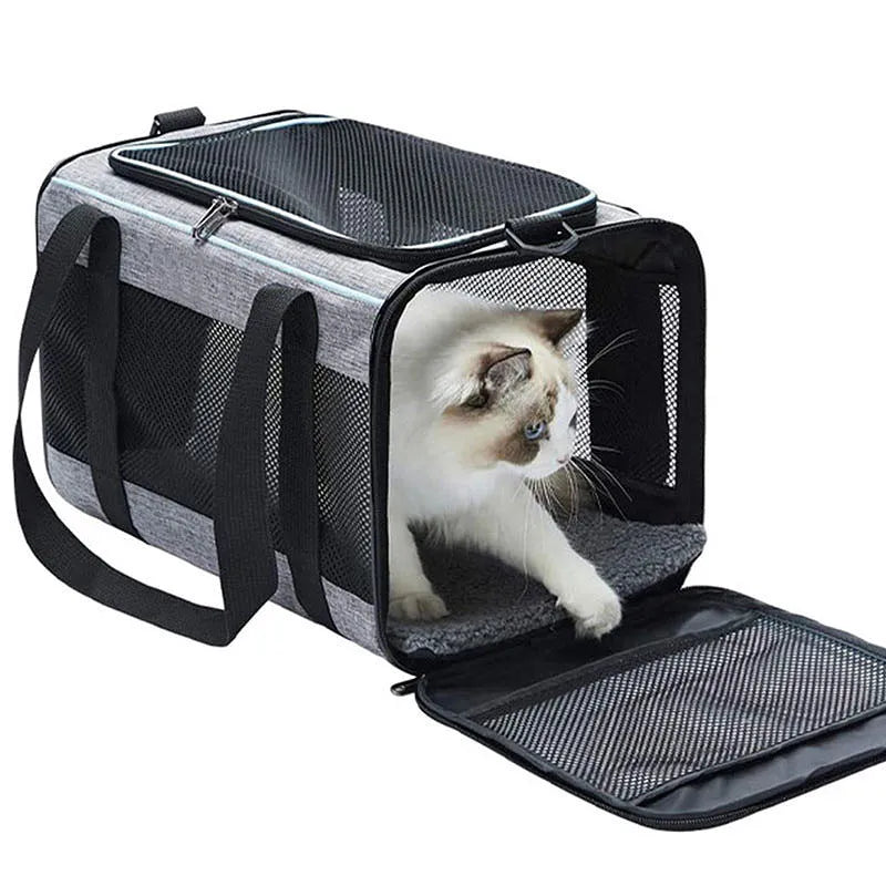 Oxford fabric pet carrier bag measuring 44x29x5cm in grey with blue edge colour