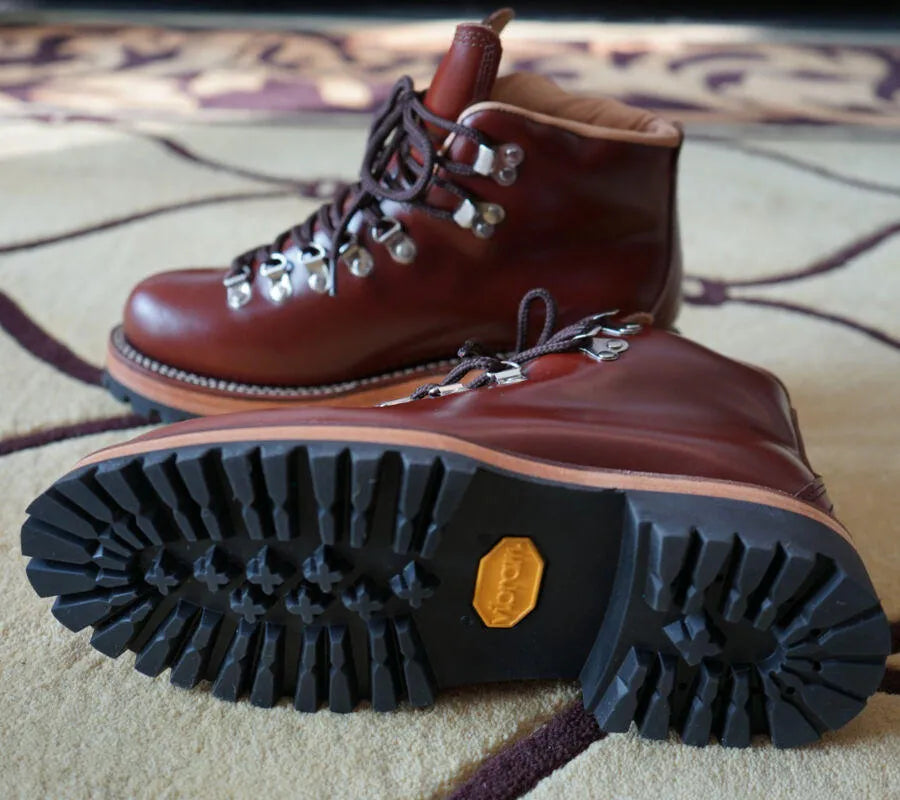 Men's brown leather lace-up city hiking boots with cowhide upper and worker boot style