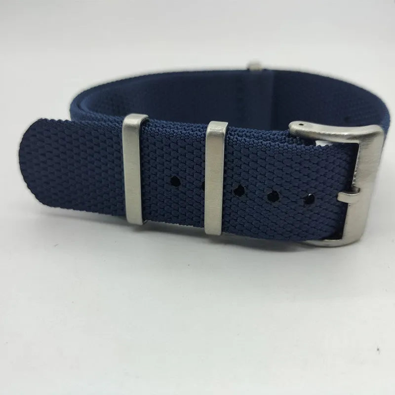 Nylon integrated watch strap in Army Green colour, shown next to Black, Deep Khaki, Light Gray, and Sapphire Blue options.