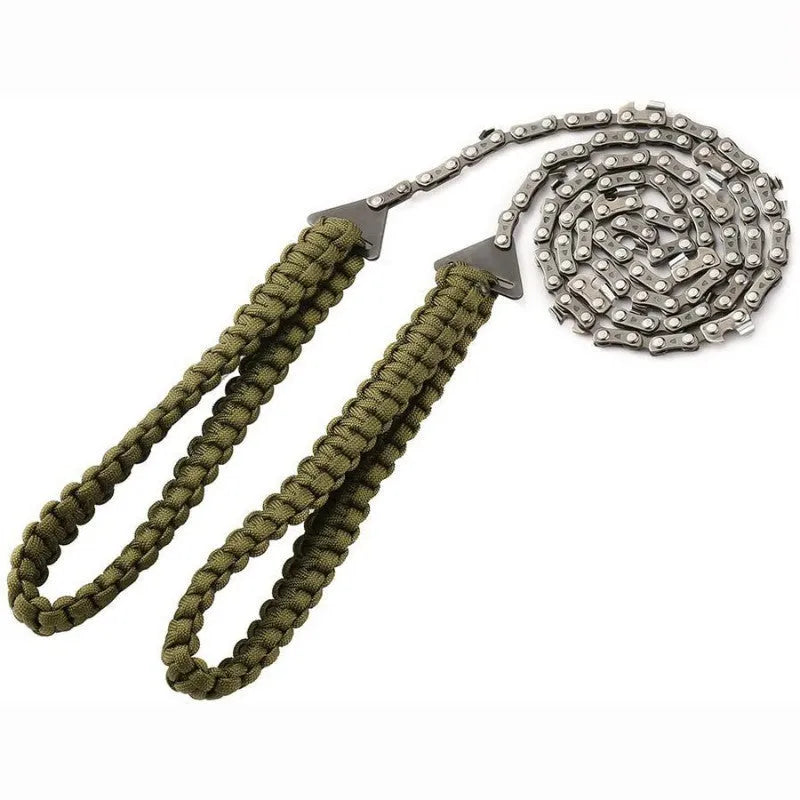 Braided umbrella rope camping survival pocket saw in army green with manganese steel blade, expanded to 103 cm, on natural wood surface