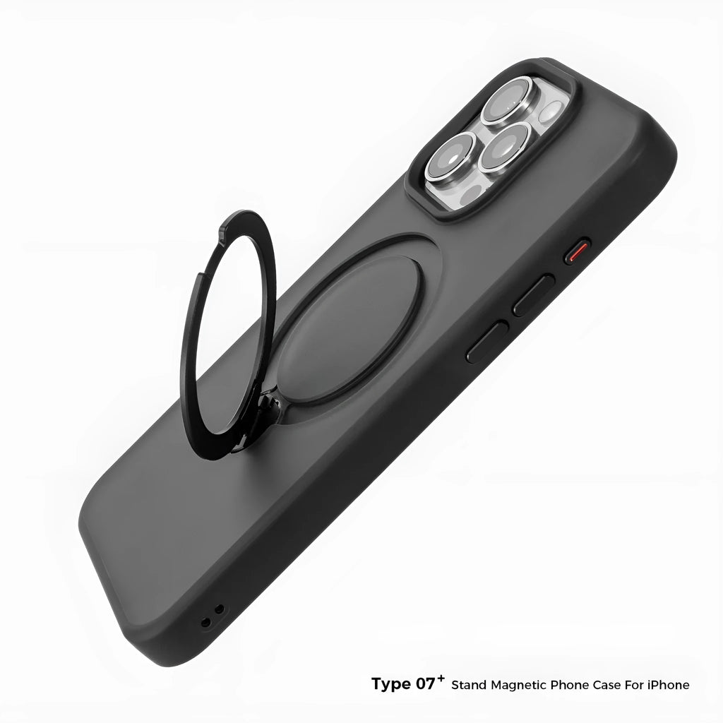 Magnetic rotating fulcrum phone case for Apple iPhone with 360-degree bracket in titanium grey on white background