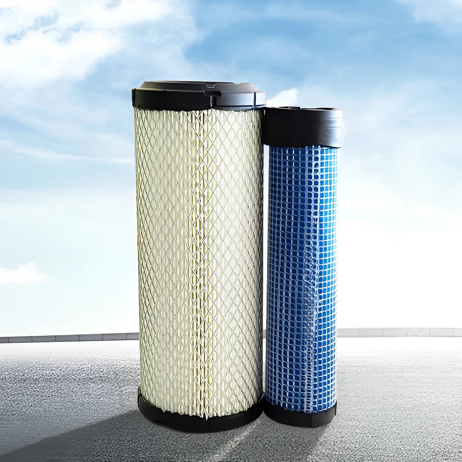 Donaldson 1027 large cylindrical engine air filter with folded pleats, straight head, and elbow connector.