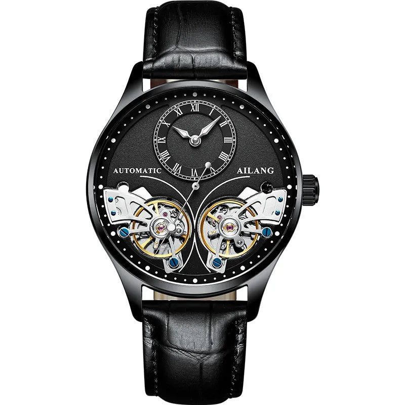 Automatic men's wristwatch with titanium case, round black dial showing tourbillon and moon phase.