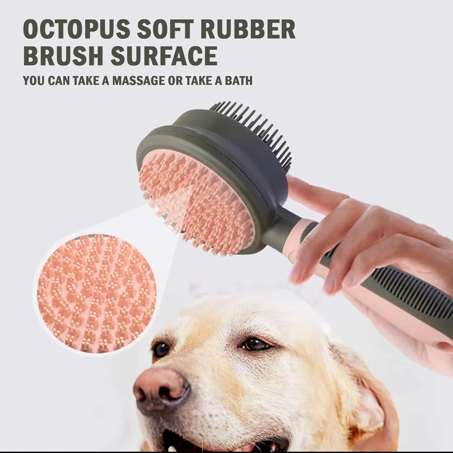 Double-sided pink cat brush with flea comb on reverse side and release button