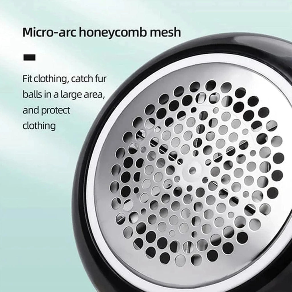 USB rechargeable electric lint remover in white with stainless steel blade and honeycomb mesh cover
