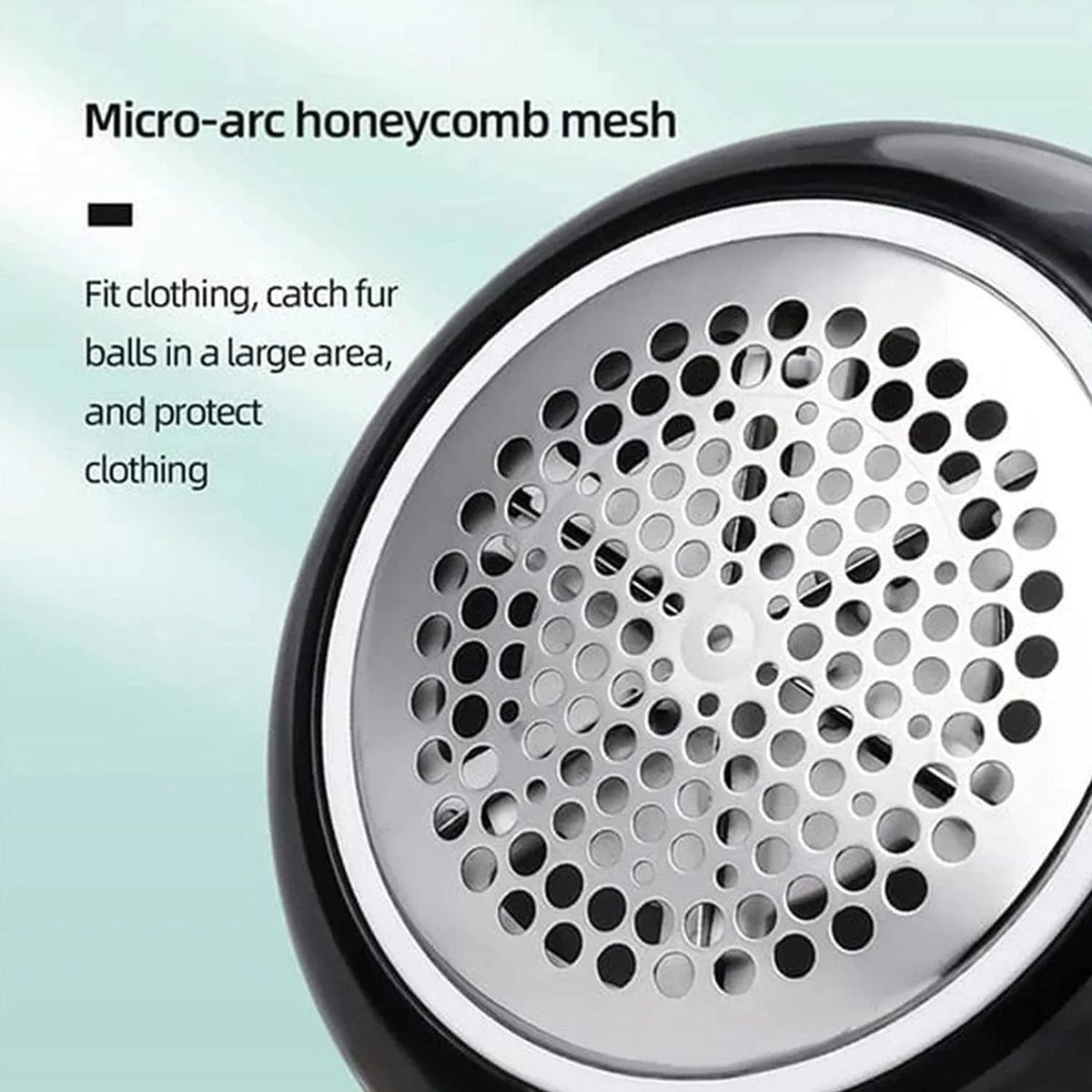 USB rechargeable electric lint remover in white with stainless steel blade and honeycomb mesh cover