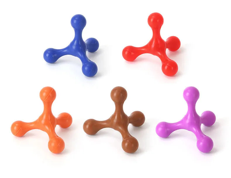 Blue silicone three-legged chew toy for puppies on a white background.