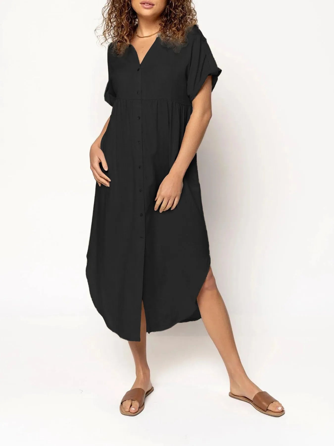 Mid-length casual dress with button front in solid colour, Japanese Korean style with regular sleeves