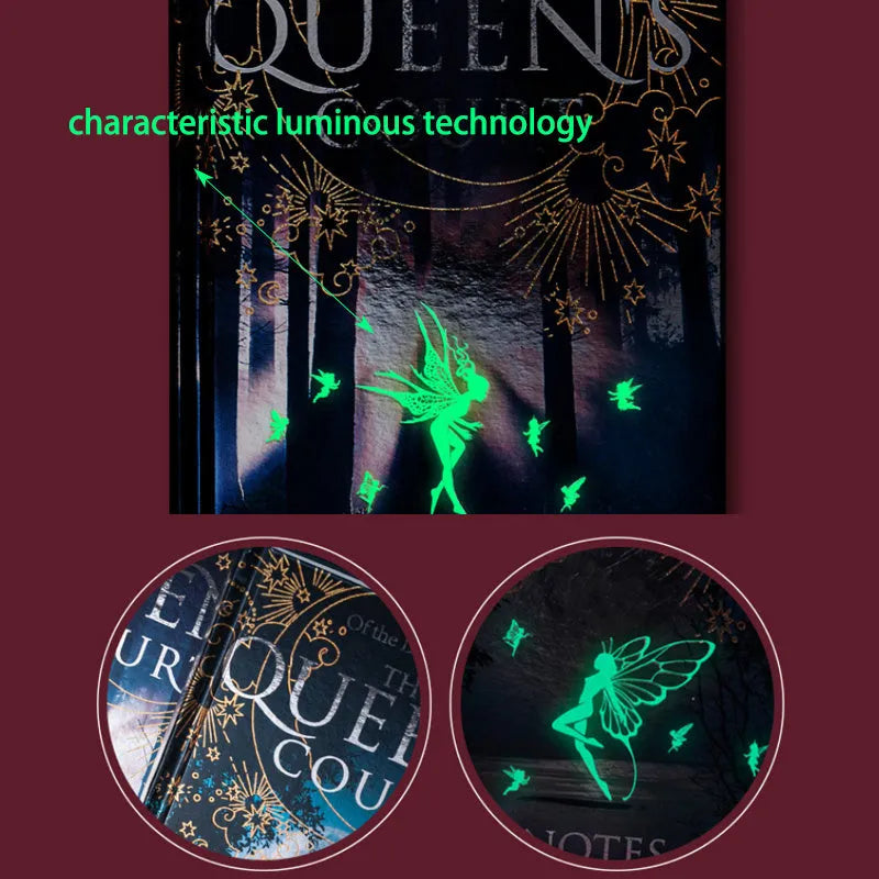 Blue A5 notebook with luminous hardcover showing night elves illustration, open to reveal full-colour printed pages
