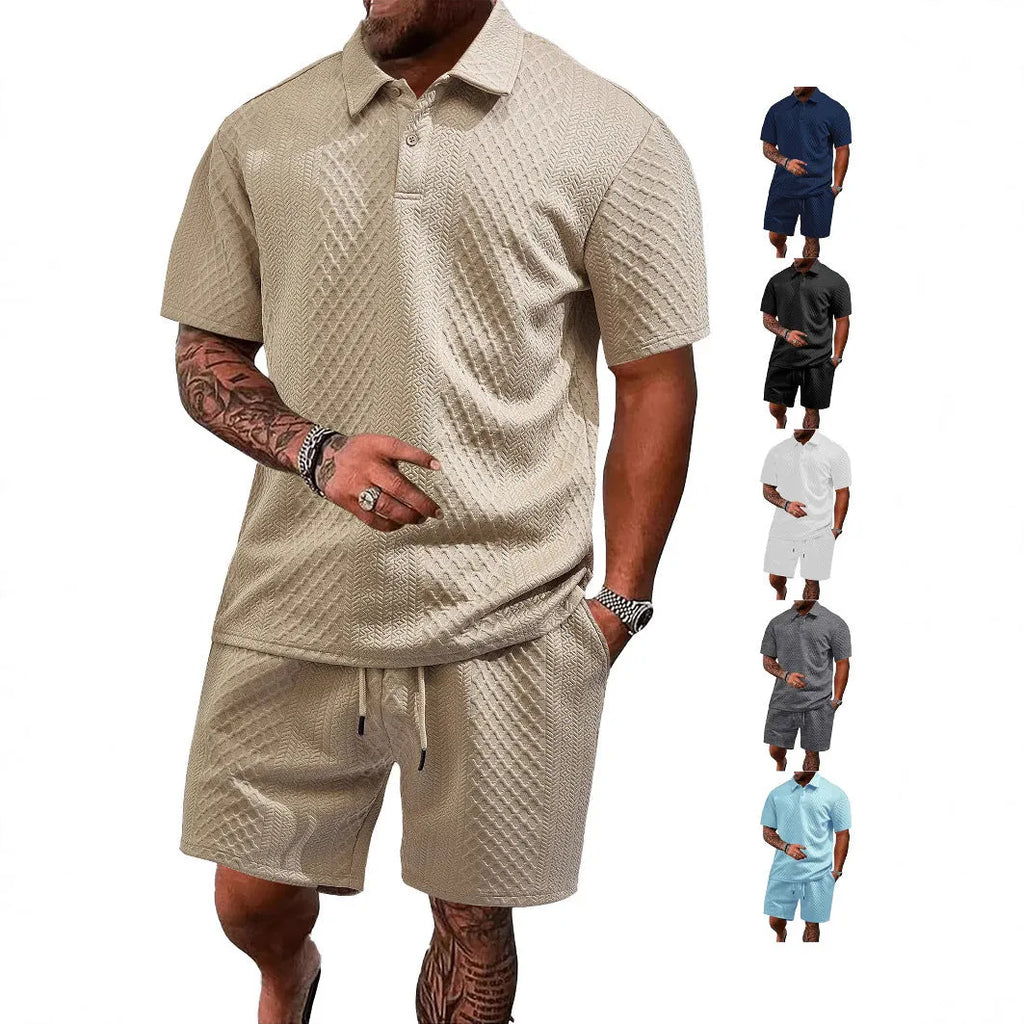 Men's pattern cloth casual short sleeve polo suit set with matching top and trousers in multiple colours