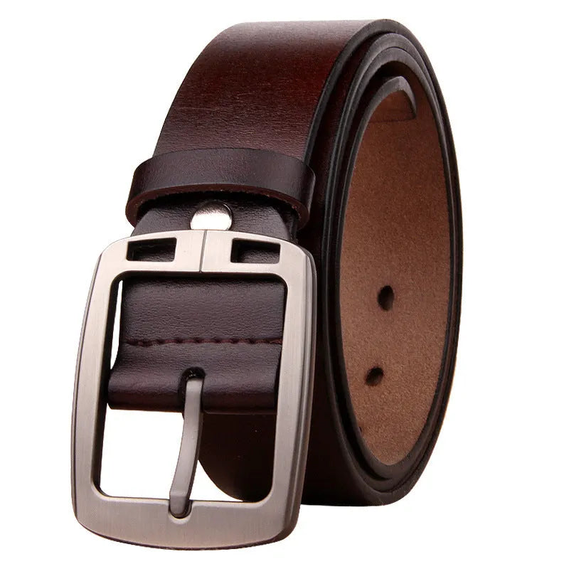 Men's antique pin buckle cowhide belt in black with electroplated buckle