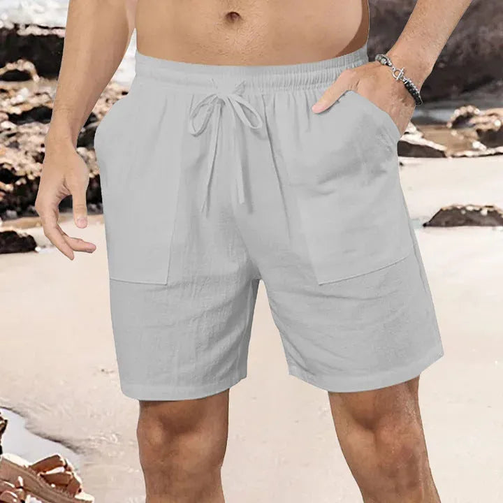 Men's light blue cotton linen straight-cut casual shorts on a hanger.