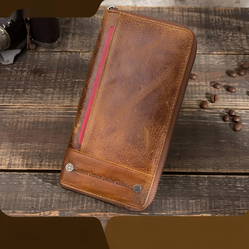 Brown genuine cowhide leather men's long wallet with zipper closure showing anti-theft card compartments