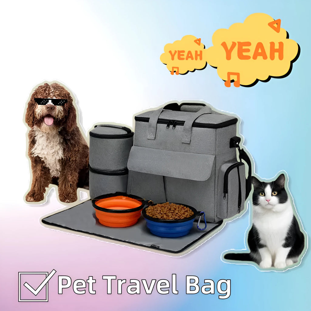 Grey dog travel backpack made of Oxford cloth with removable divider and training bag