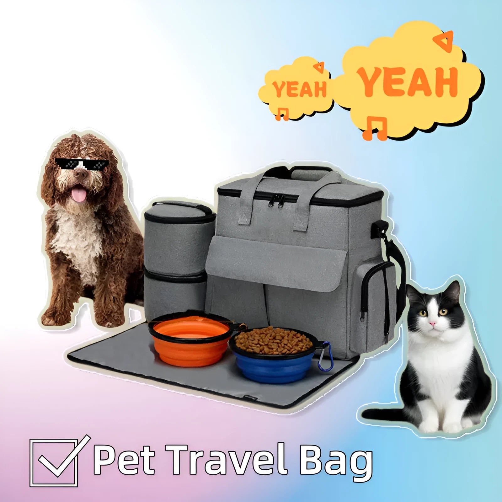 Grey dog travel backpack made of Oxford cloth with removable divider and training bag