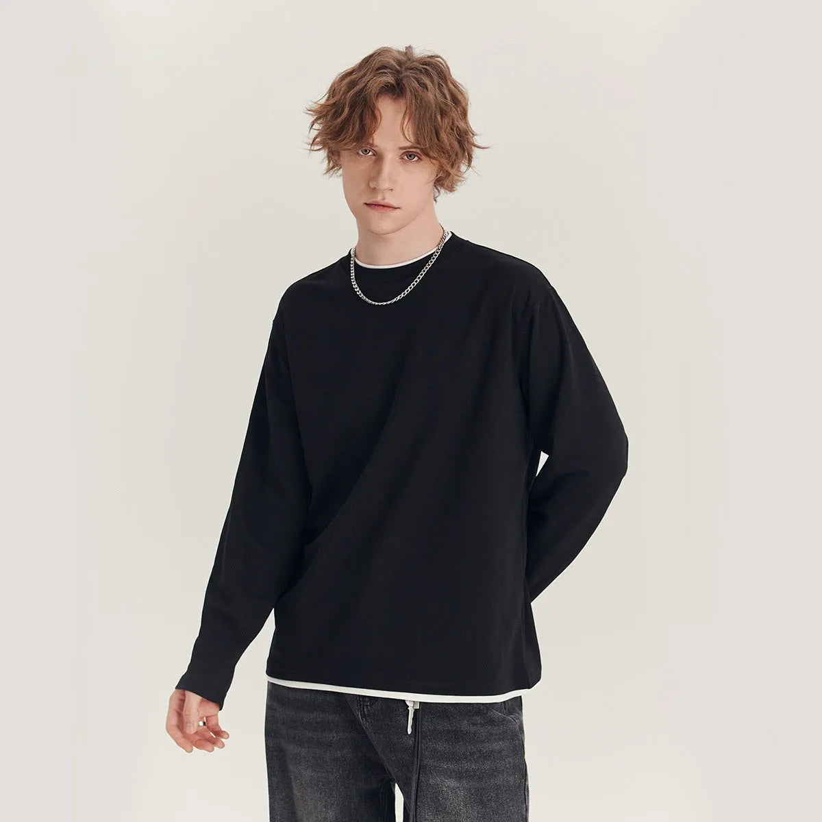 Men's loose fit long sleeve cotton blend t-shirt in melange grey colour