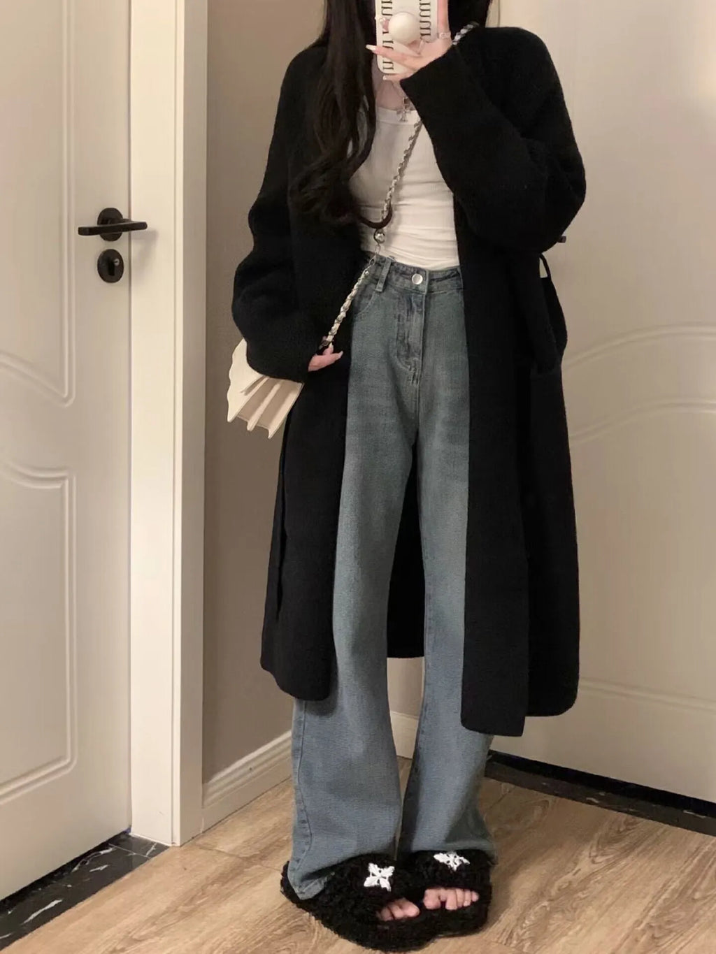 Women's mid-length knitted cardigan V-neck thickened loose fit long sleeve polyester coat in khaki
