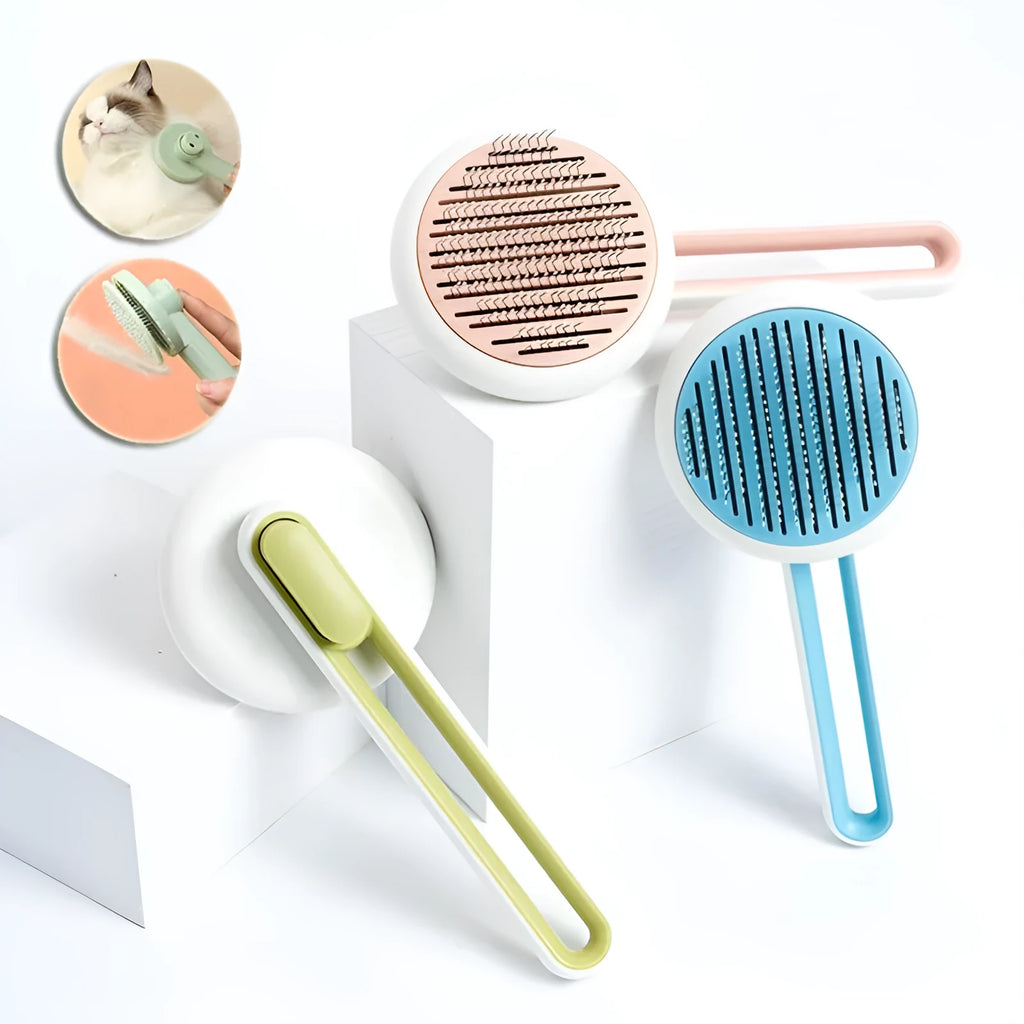 Blue automatic pet hair remover comb with stainless steel teeth and a button on the handle.