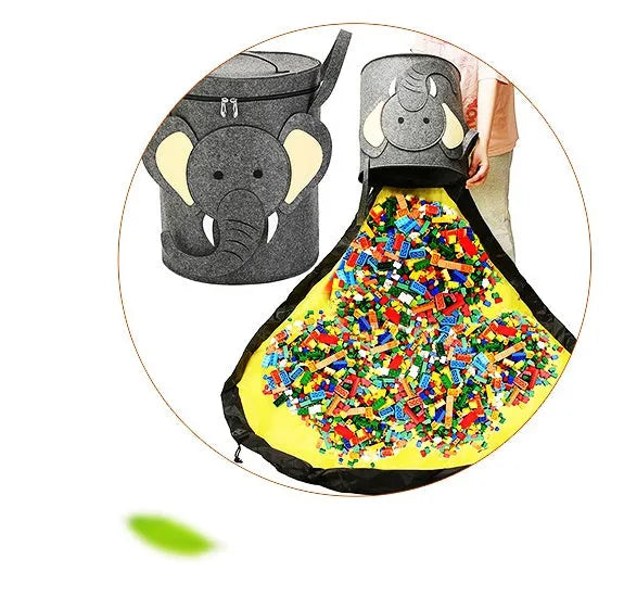 Green felt cube storage bag with pull rope closure shown as toy play mat