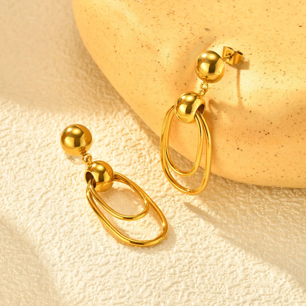 Women's gold stainless steel vintage oval coil round bead earrings pair