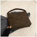 Women's leopard print large capacity tote bag in brown PU material with horizontal square shape and shoulder strap