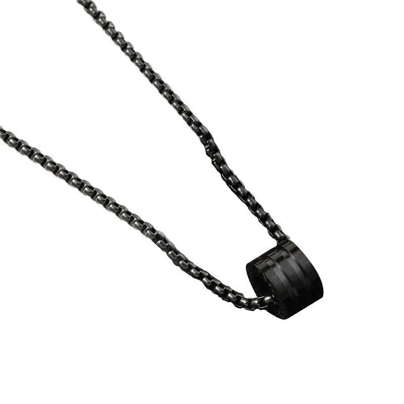 Black three-piece men's hip hop necklace set with cylindrical titanium steel ring pendant