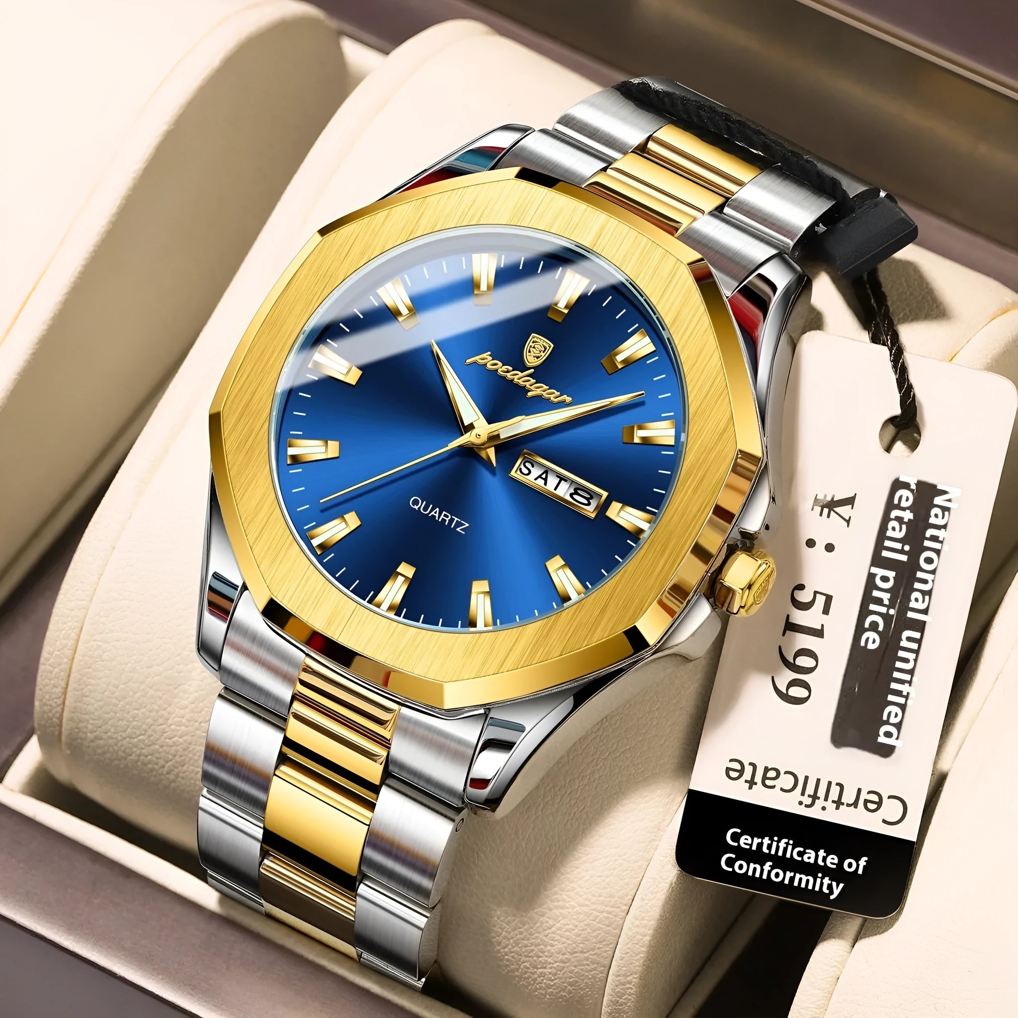 Men's steel strap quartz watch with 9mm case in gold and blue colour combination
