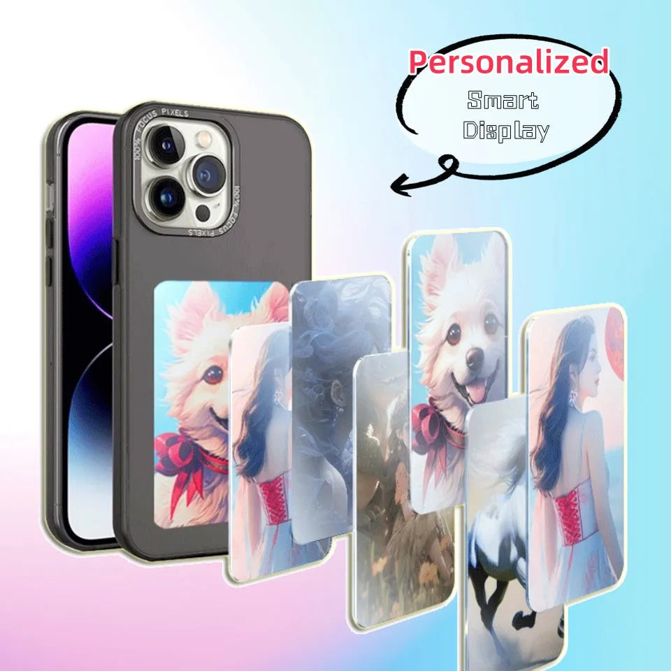 E-ink phone case for Apple iPhone with NFC screen projection displayed in black TPU, showing a custom image on the e-ink screen