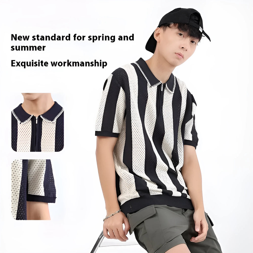 Men's short sleeve summer sweater in viscose with stripe pattern and zipper details