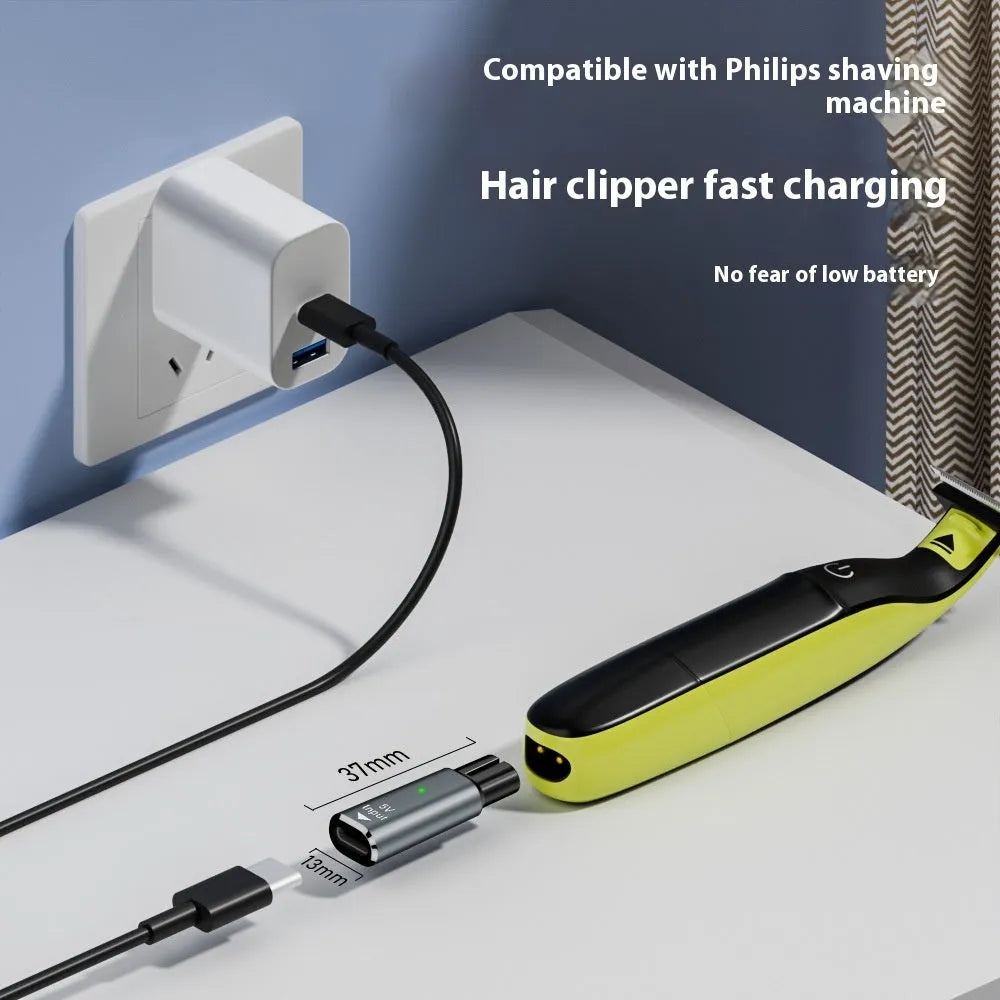 Black USB-C charging adapter for electric shavers with aluminium alloy casing and 4.3V 8W specifications