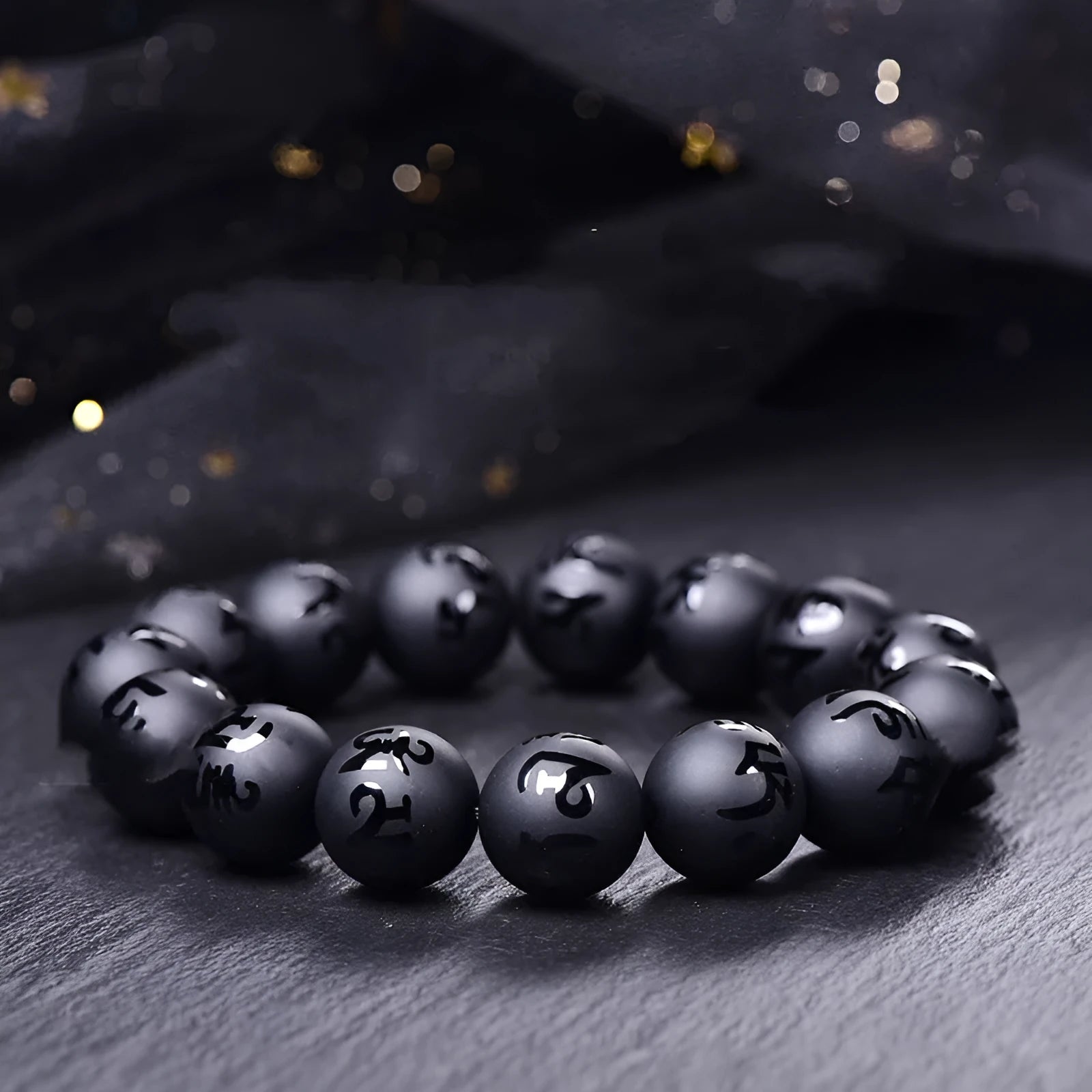 Natural black agate Sanskrit mantra bracelet with frosted finish and auspicious Chinese patterns